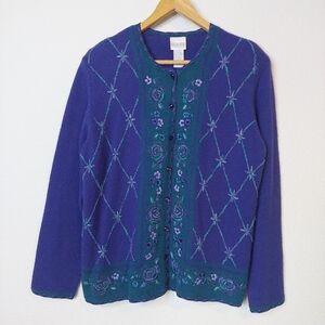 Vintage Koret Floral Embroidered Padded Shoulder Sweater‎ Cardigan Size Meduim